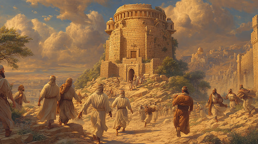 Strong tower representing God's name as refuge for the righteous in Proverbs 18:10