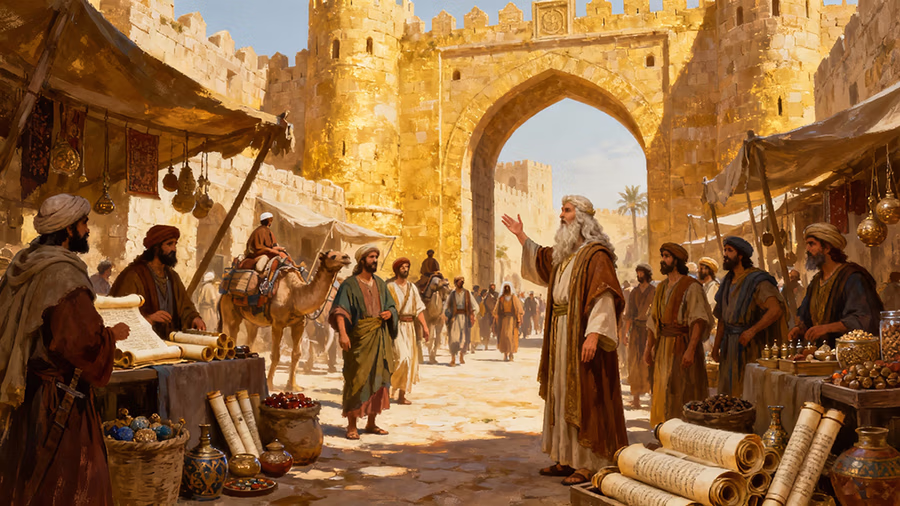 Proverbs 8 wisdom calling at city gates to merchants and travelers in ancient Jerusalem