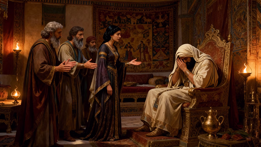Haman mourning at home receiving prophetic warning from wife and advisors