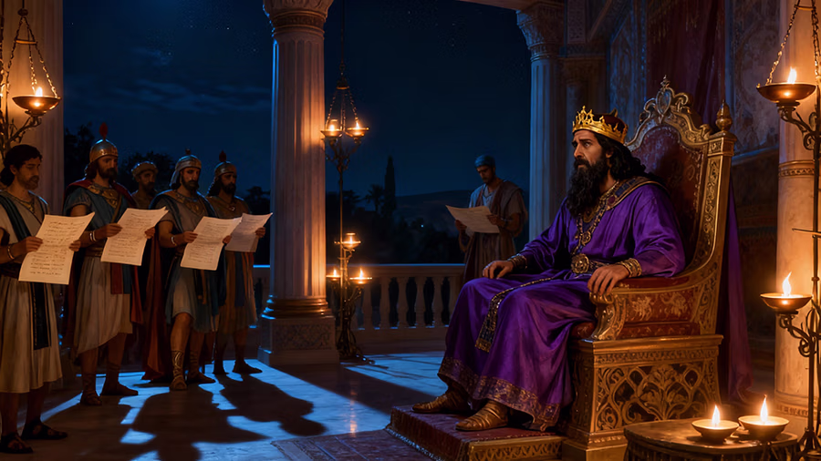Ahasuerus with long dark beard wearing golden crown and purple robes sitting on ornate throne at night looking worried