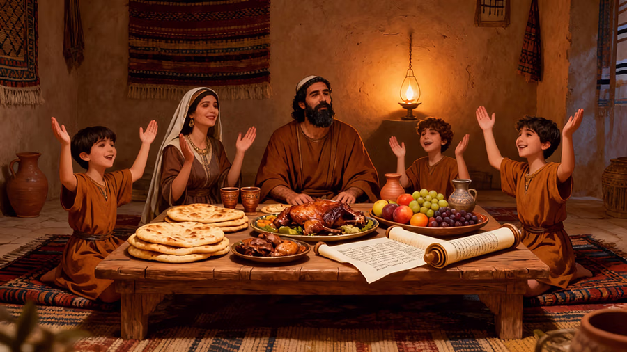 Jewish family celebrating the first Purim feast as established in Book of Esther 9