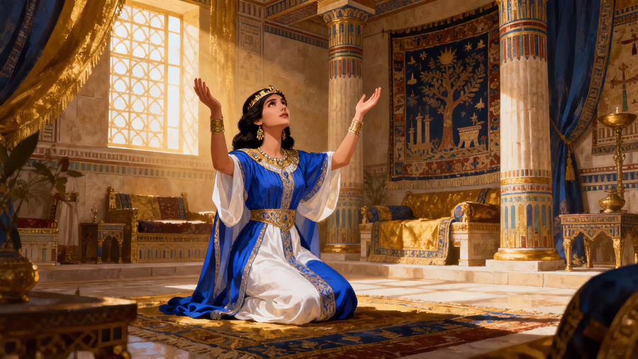 Queen Esther praying for God's providence as she prepares to save her people in Book of Esther