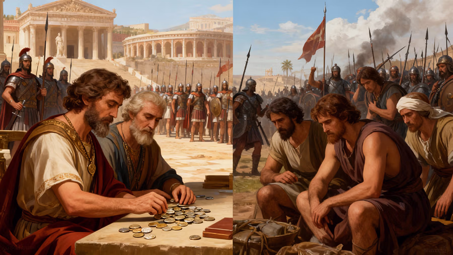 Demon possessed politics showing contrast between profiteers and suffering people