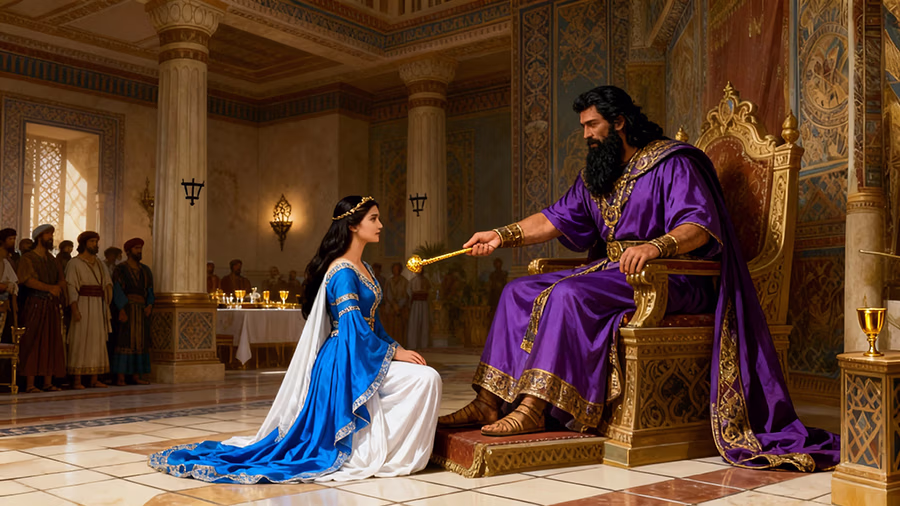 Queen Esther pleading before King Ahasuerus for her people's deliverance