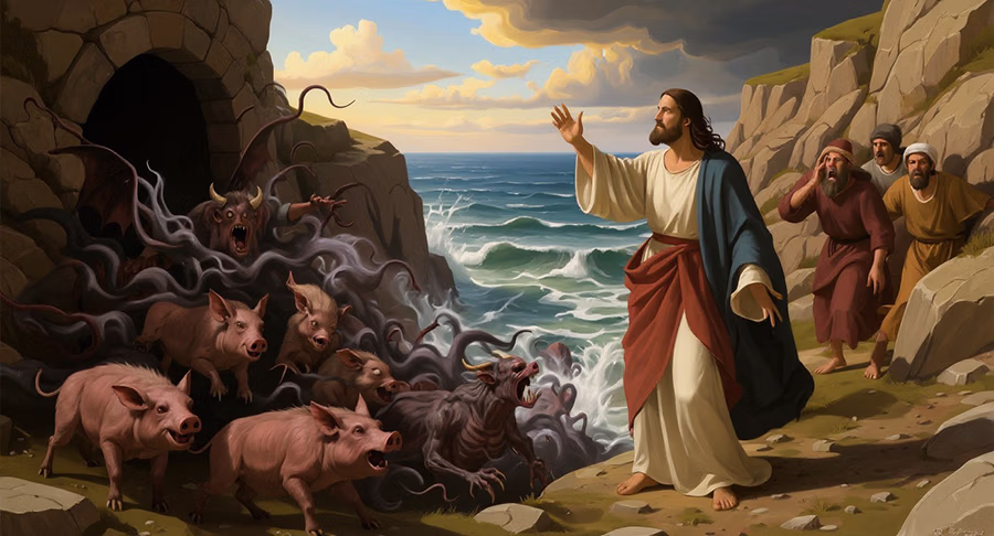 Matthew 8 swine running into sea after demons cast out by Jesus