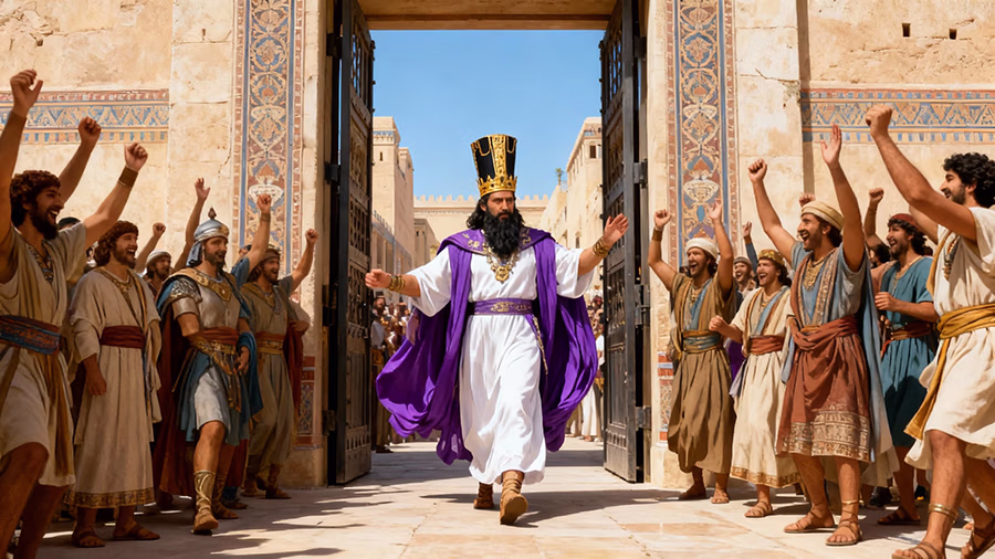 Mordecai in royal robes celebrating in the streets of Susa after being appointed prime minister