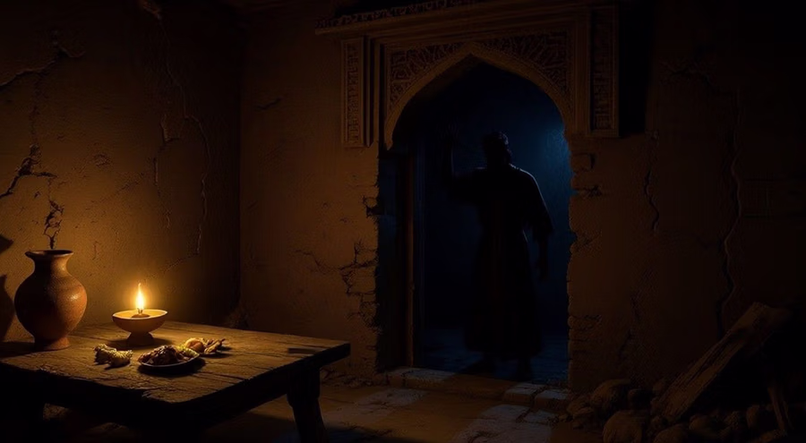 Lady Folly at her doorway offering deceptive pleasures that lead to death in Proverbs 9