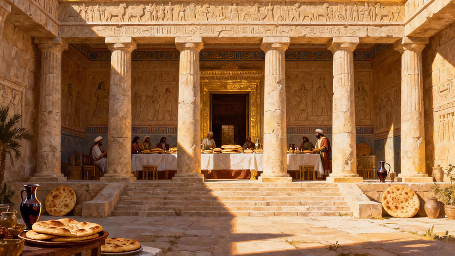 Lady Wisdom's house with abundant banquet representing Proverbs 9's invitation to divine understanding