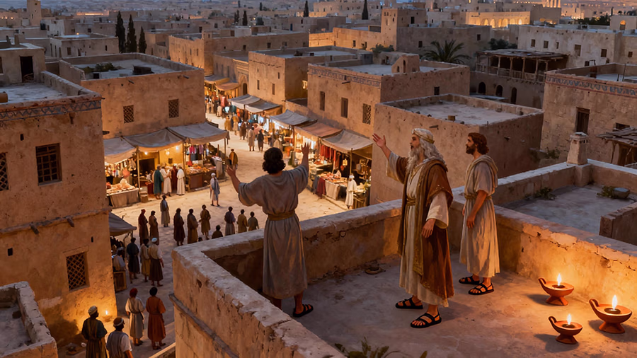 Wisdom's messengers calling from city heights in Proverbs 9, inviting the simple to her banquet