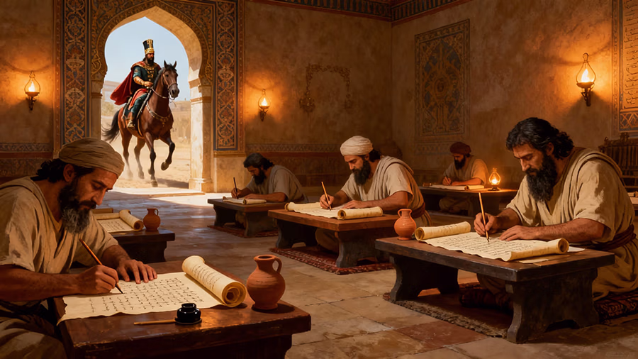 Persian scribes writing the new decree allowing Jews to defend themselves