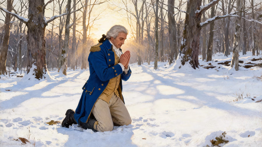 George Washington praying at Valley Forge demonstrating dependence on divine providence