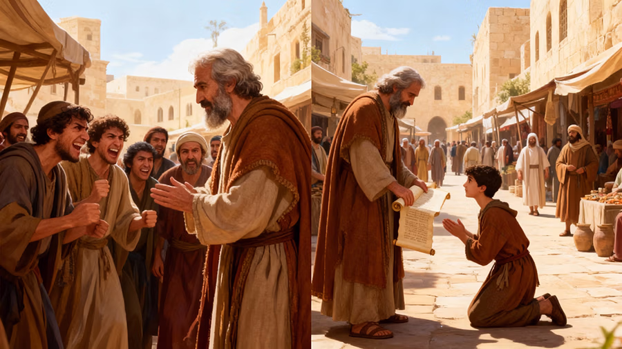 Scoffers rejecting wisdom versus humble student receiving instruction in biblical times