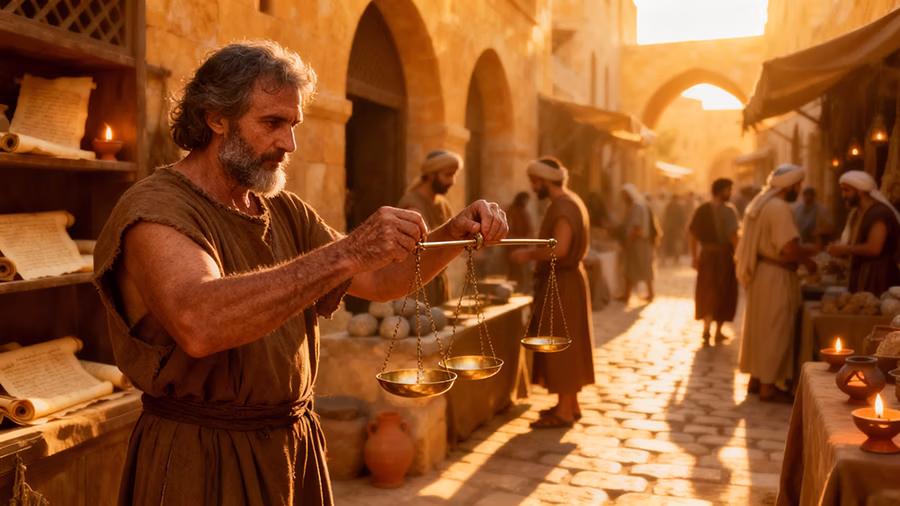 Honest merchant using balanced scales demonstrating marketplace integrity from Proverbs 20