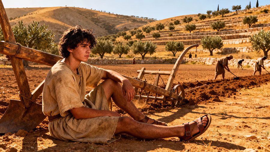 Ancient Israelite farmer demonstrating laziness by avoiding winter plowing in Proverbs 20