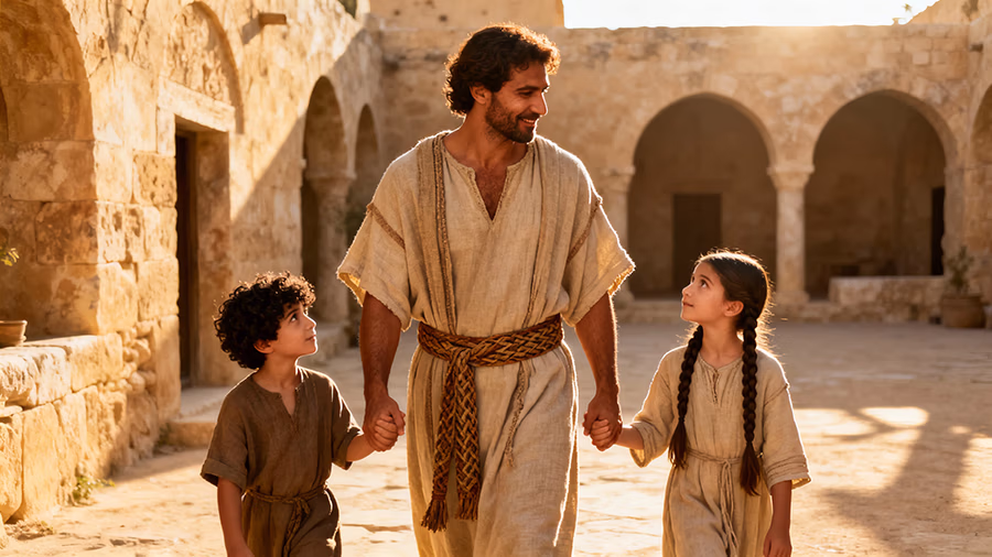 Righteous father demonstrating integrity to his children representing Proverbs 20:7 generational blessing