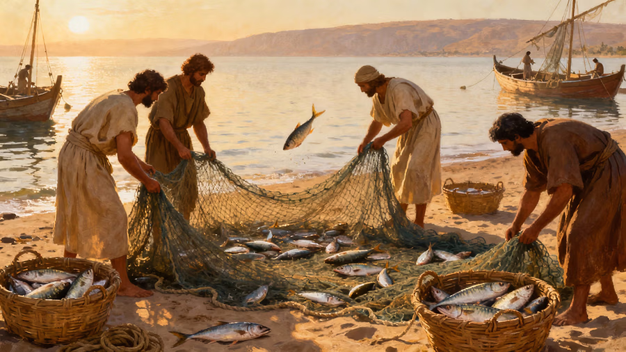 Fishermen sorting their catch from a dragnet on the shores of Galilee