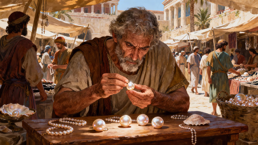 An expert pearl merchant carefully evaluating pearls in an ancient marketplace