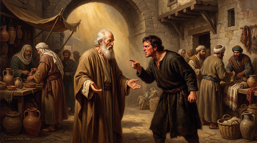 Ancient Hebrew men demonstrating righteous versus wicked speech from Proverbs 10