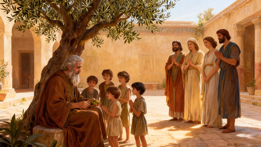 Three generations of an Israelite family showing grandchildren as the crown of elders in Proverbs 17:6