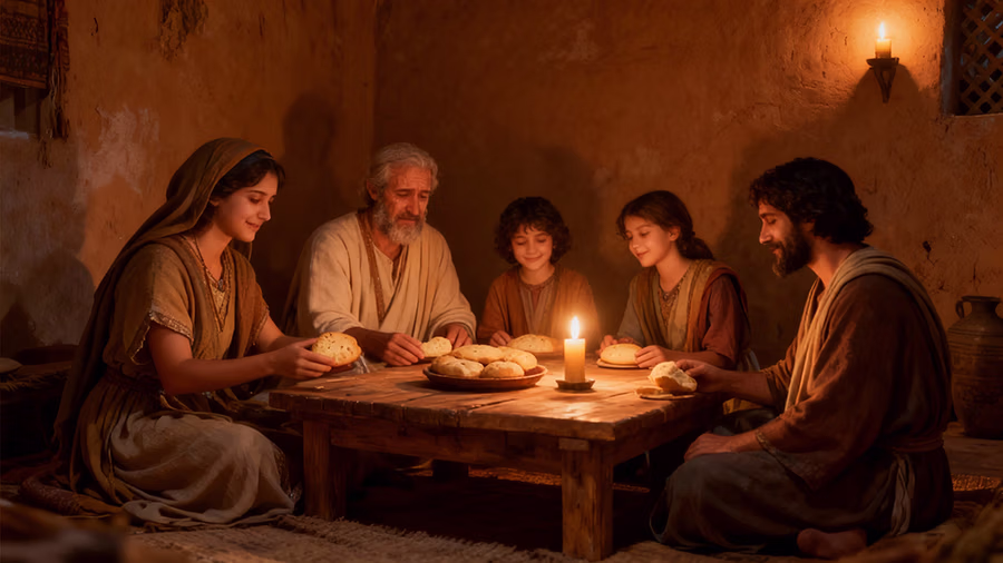 Ancient Israelite family enjoying a peaceful simple meal together illustrating Proverbs 17:1