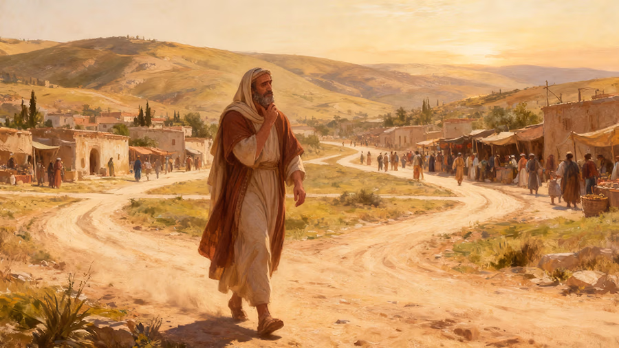 Ancient Israelite man pausing at crossroads considering the wise path as taught in Proverbs 17