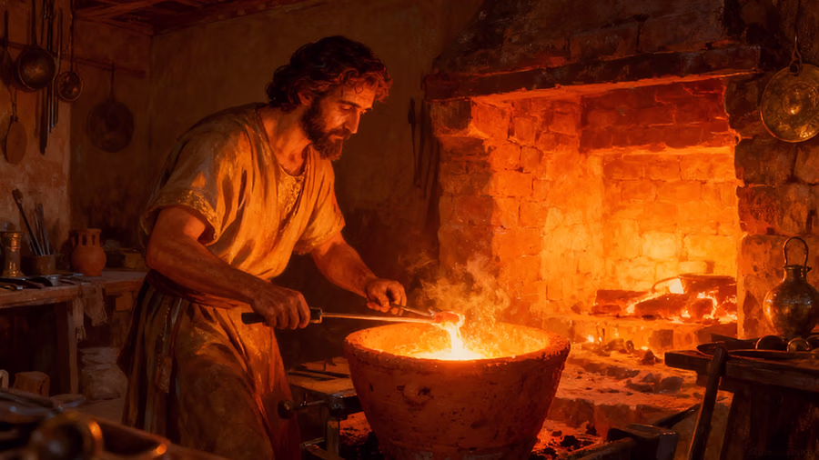 Ancient metalsmith refining precious metals in furnace illustrating how God tests hearts in Proverbs 17:3