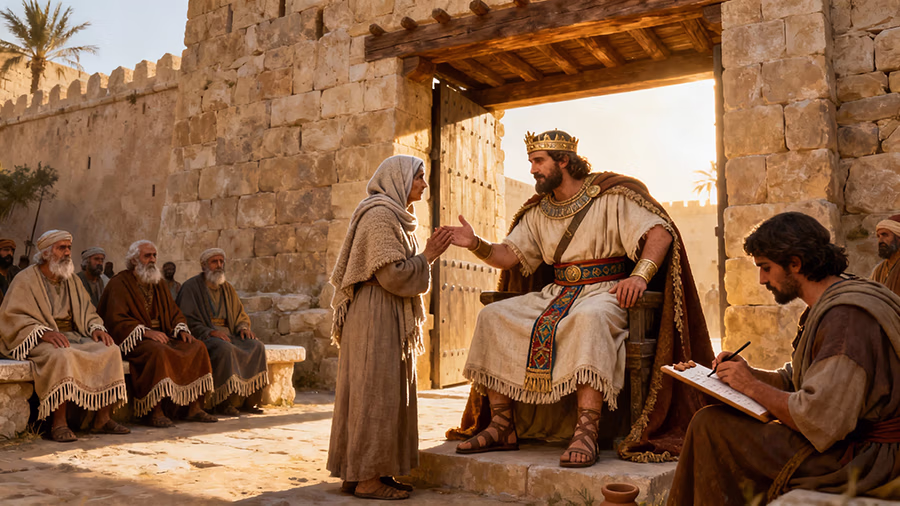 Ancient Near Eastern king judging righteously at an Iron Age city gate