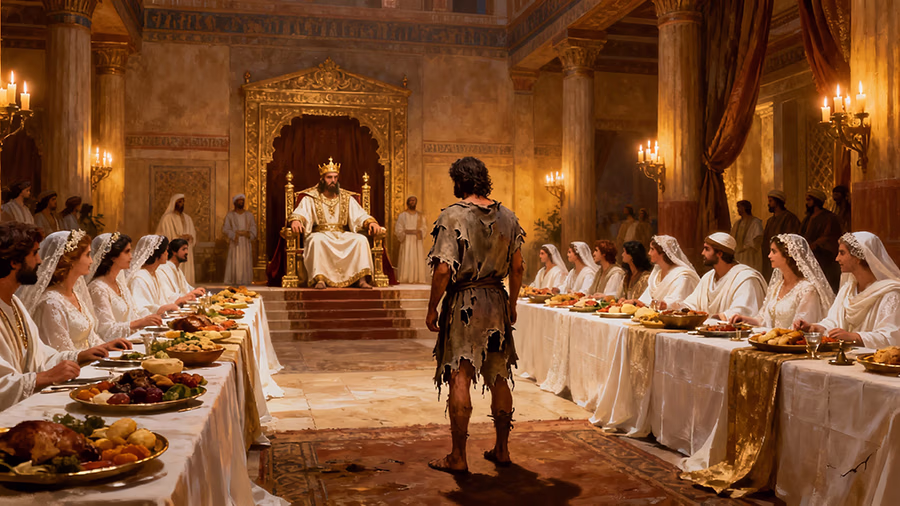 The king confronts a guest without a wedding garment at the royal feast