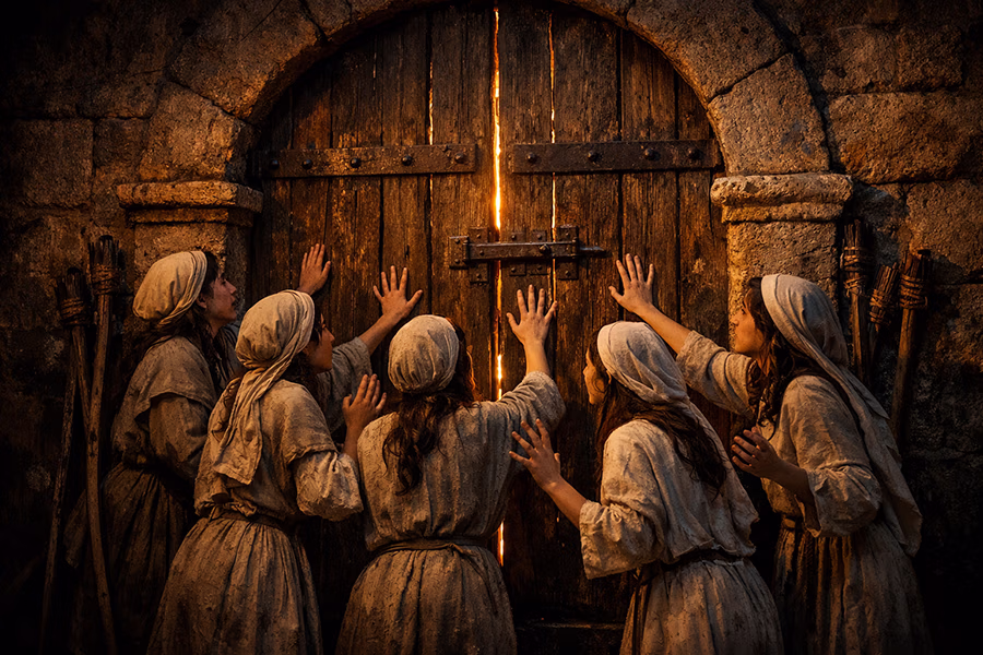 Five foolish bridesmaids standing before a closed and locked door with unlit torches at night
