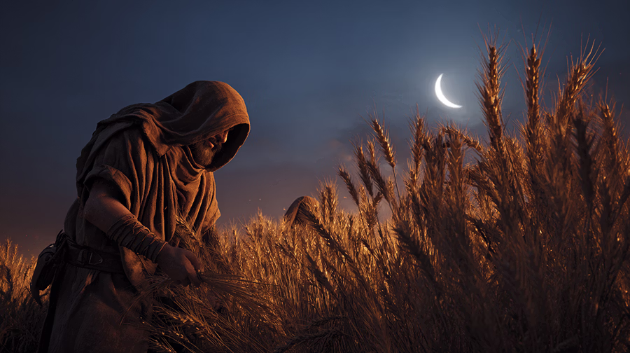 Enemy sowing tares among wheat at night depicting Satan's work in the world