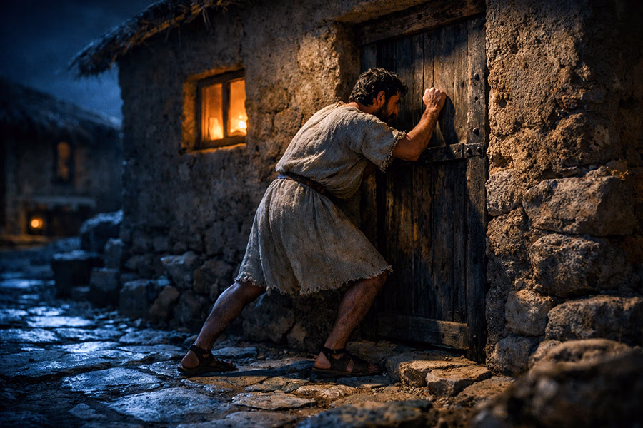 A man persistently knocking on his friend's door at midnight in a first-century Judean village