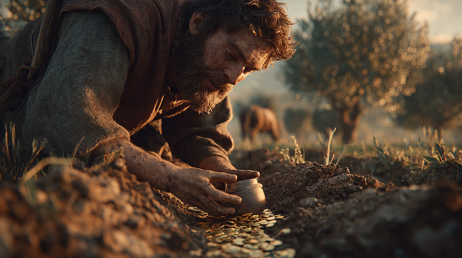 Laborer discovering hidden treasure in field representing salvation's value