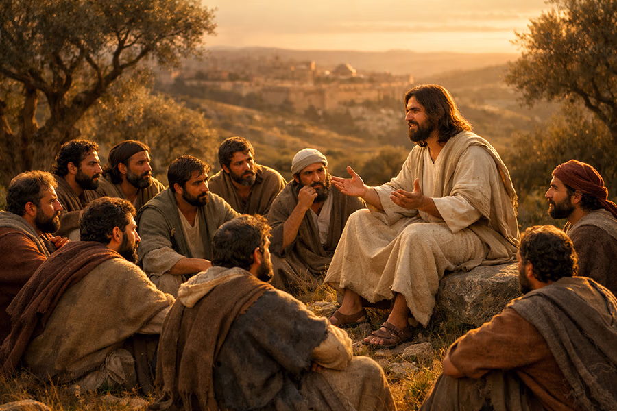 Jesus teaching His apostles about prayer on a Judean hillside with olive trees in the background