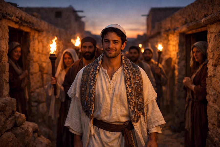 First-century Jewish wedding procession through a small Judean village at dusk with torchlight