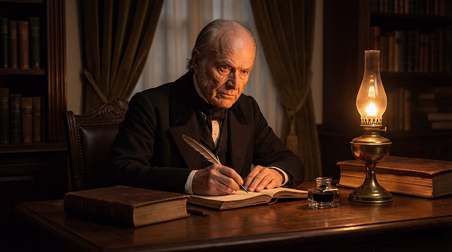 John Quincy Adams writing in his journal by oil lamplight in Washington D.C. in January 1829