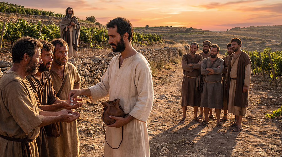 A vineyard manager paying all workers the same denarius wage at sunset in first-century Roman Palestine while early workers watch with displeasure