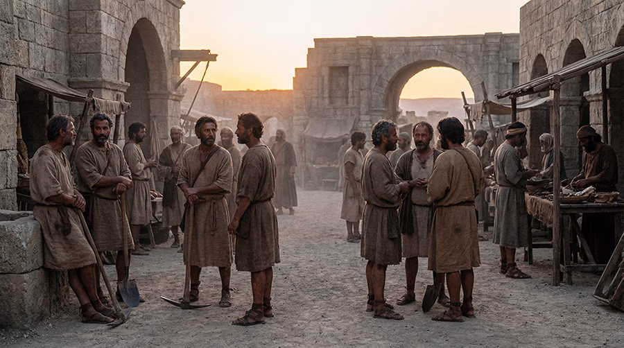 First-century agricultural laborers gathering in a Judean marketplace before dawn waiting to be hired