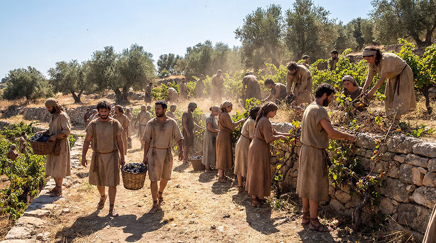 First-century laborers working together in a terraced vineyard in Roman Palestine under a midday sun