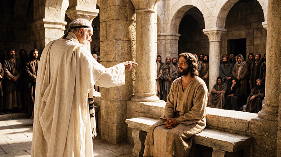 A grey-bearded Jewish lawyer in white robes and phylacteries confronts a calmly seated Jesus surrounded by a crowd in a sunlit first-century Jerusalem courtyard