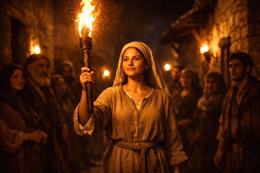 A young Jewish woman holding a blazing torch high in a dark village street, its light illuminating those around her