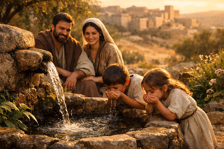 Israelite family at a fountain of life illustrating Proverbs 14:26-27 the fear of the Lord