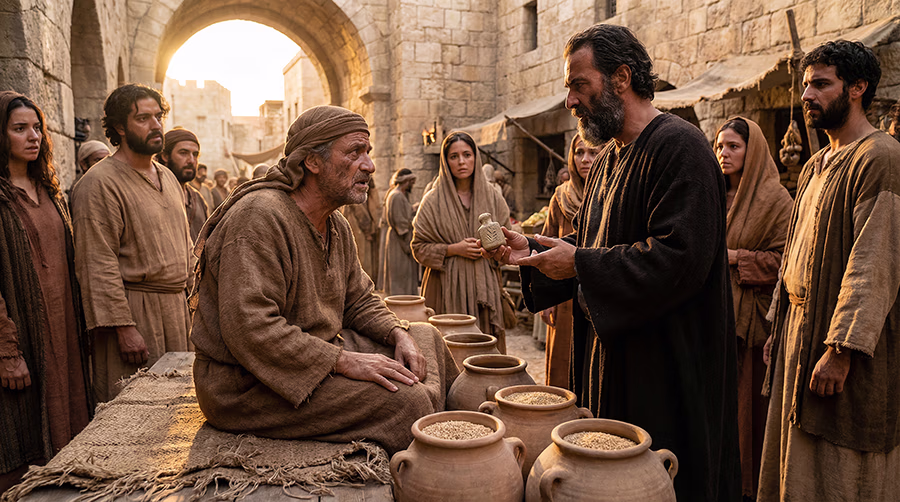 Ancient Israelite marketplace showing dishonest scales and a merchant caught in deception, illustrating Proverbs 21:6