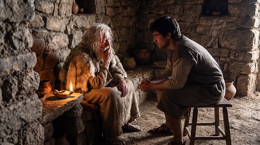 An elderly Israelite man in a 10th century BC home practicing the wisdom of guarding his mouth, as taught in Proverbs 21:23