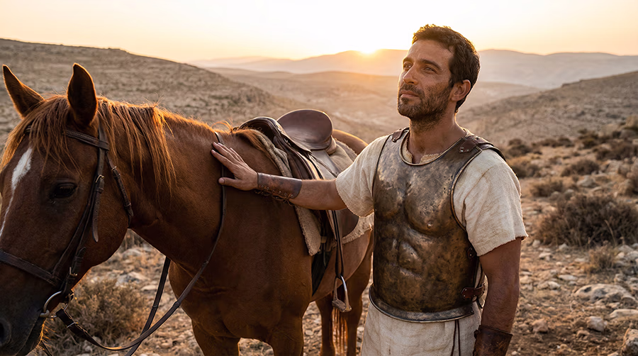 An ancient Israelite warrior preparing his horse for battle at dawn in 10th century BC Judea, representing Proverbs 21:31