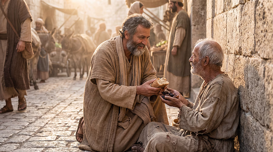 A faithful Israelite man gives food and provisions to a poor elderly man at the marketplace, reflecting Proverbs 28:27