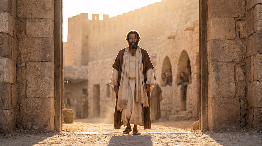 A righteous Israelite man stands boldly at the ancient city gate in the morning light, representing the courage described in Proverbs 28