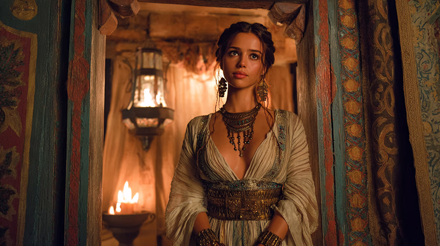 Seductress woman at doorway in ancient Israel