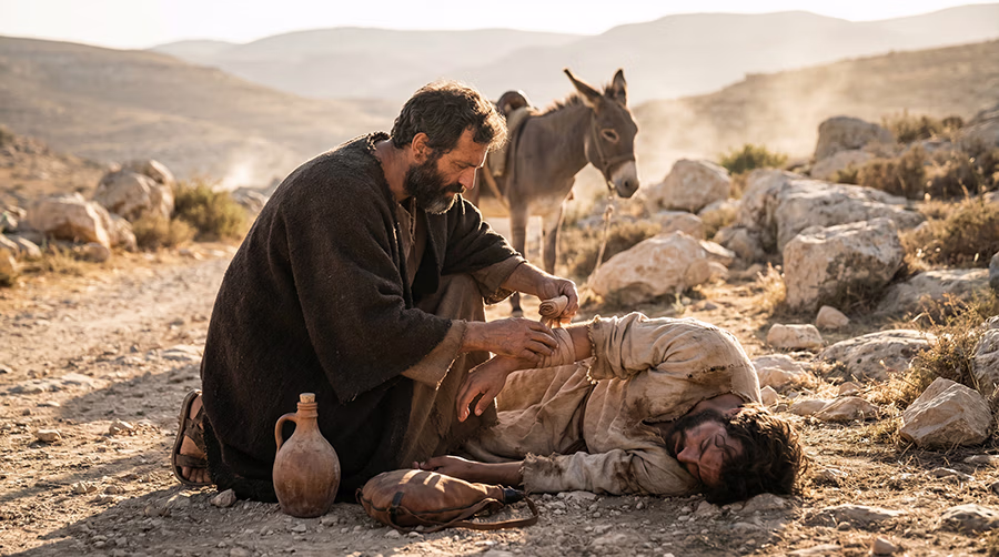 An olive-skinned Samaritan man in a brown wool cloak kneels gently beside a wounded Jewish man on a rocky Judean road bandaging his arm with a flask of oil nearby