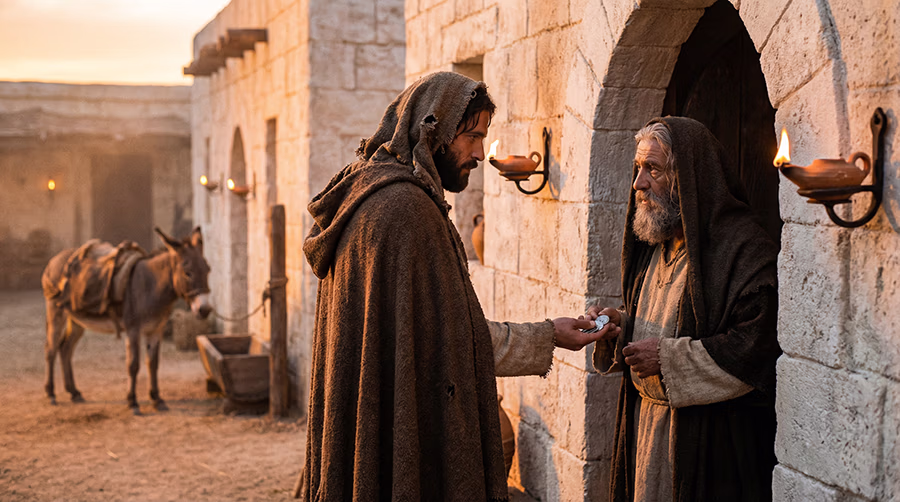 An olive-skinned Samaritan man in a brown wool cloak places two silver denarii into the hand of a broad-shouldered dark-bearded innkeeper at the doorway of a stone inn at dusk