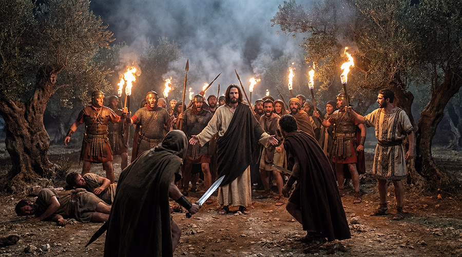 The arrest of Jesus in Gethsemane as soldiers fall to the ground when Jesus declares I Am, John 18, Easter Part 2